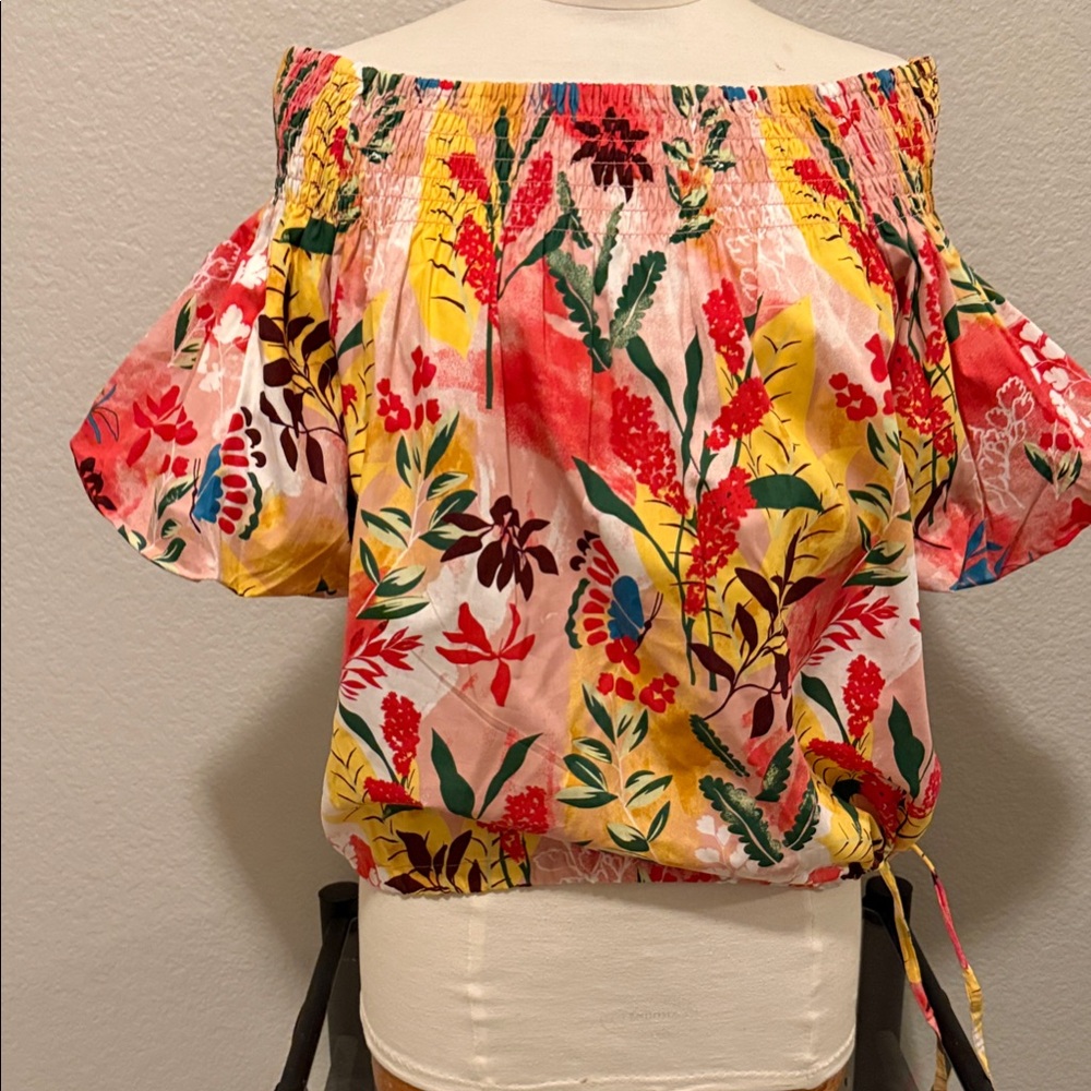 Marc New York Floral Smocked Off-Shoulder Blouse in Pink & Yellow Sz M